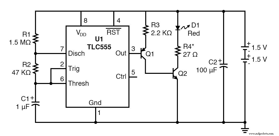 Flasheur LED rouge CMOS 555 longue durée — Circuit driver de précision pour performance fiable