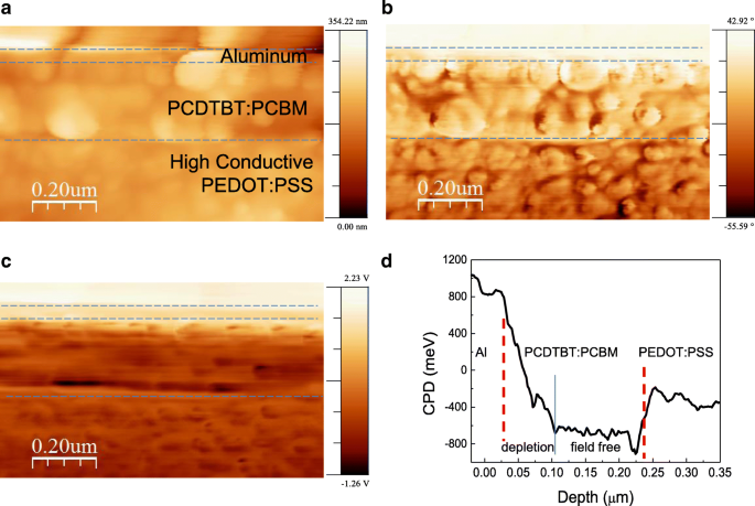 Microscopie de force Kelvin en coupe transversale révèle un creux de potentiel et une barrière de Schottky dans les cellules solaires à hétérojonction de volume épaisses PCDTBT:PCBM