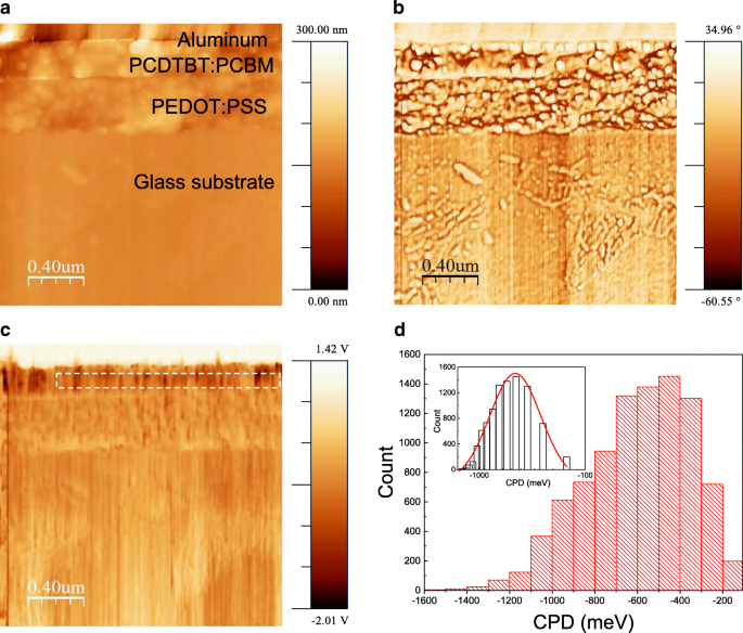 Microscopie de force Kelvin en coupe transversale révèle un creux de potentiel et une barrière de Schottky dans les cellules solaires à hétérojonction de volume épaisses PCDTBT:PCBM