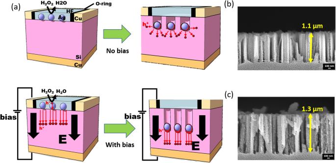 Réseaux de nanofils de silicium à croissance accélérée et orientation contrôlée par gravure chimique assistée par métal et champ électrique